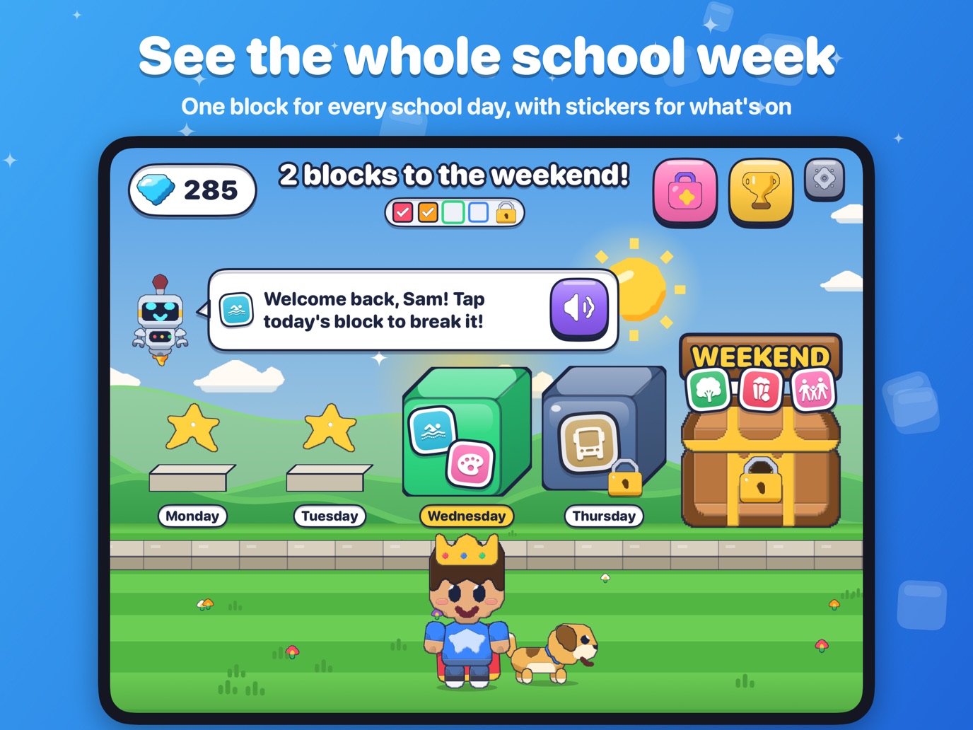 The Weekend Road with a block for each school day and stickers for what happens on each day