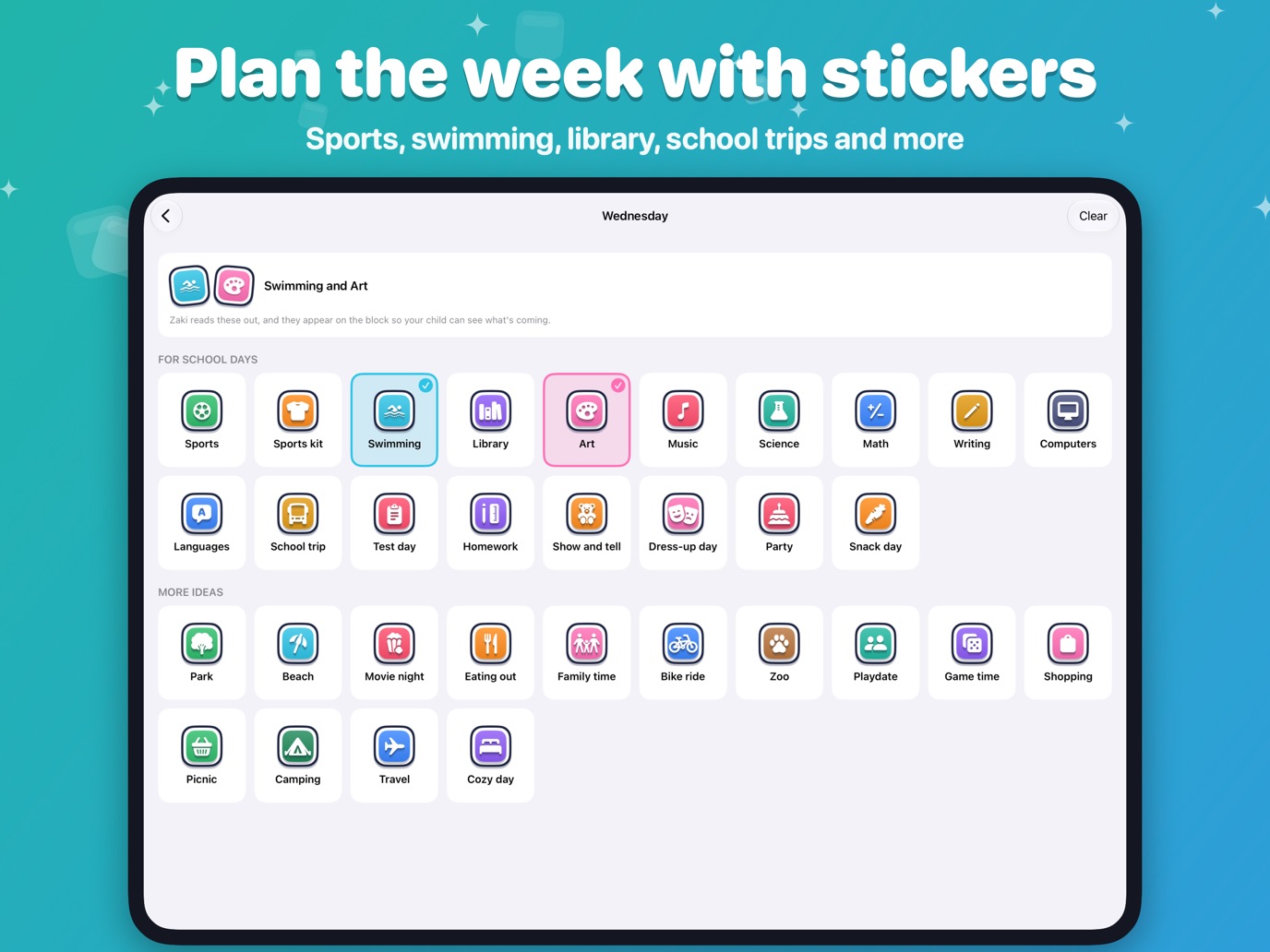 The week planner with picture stickers like swimming, library and art